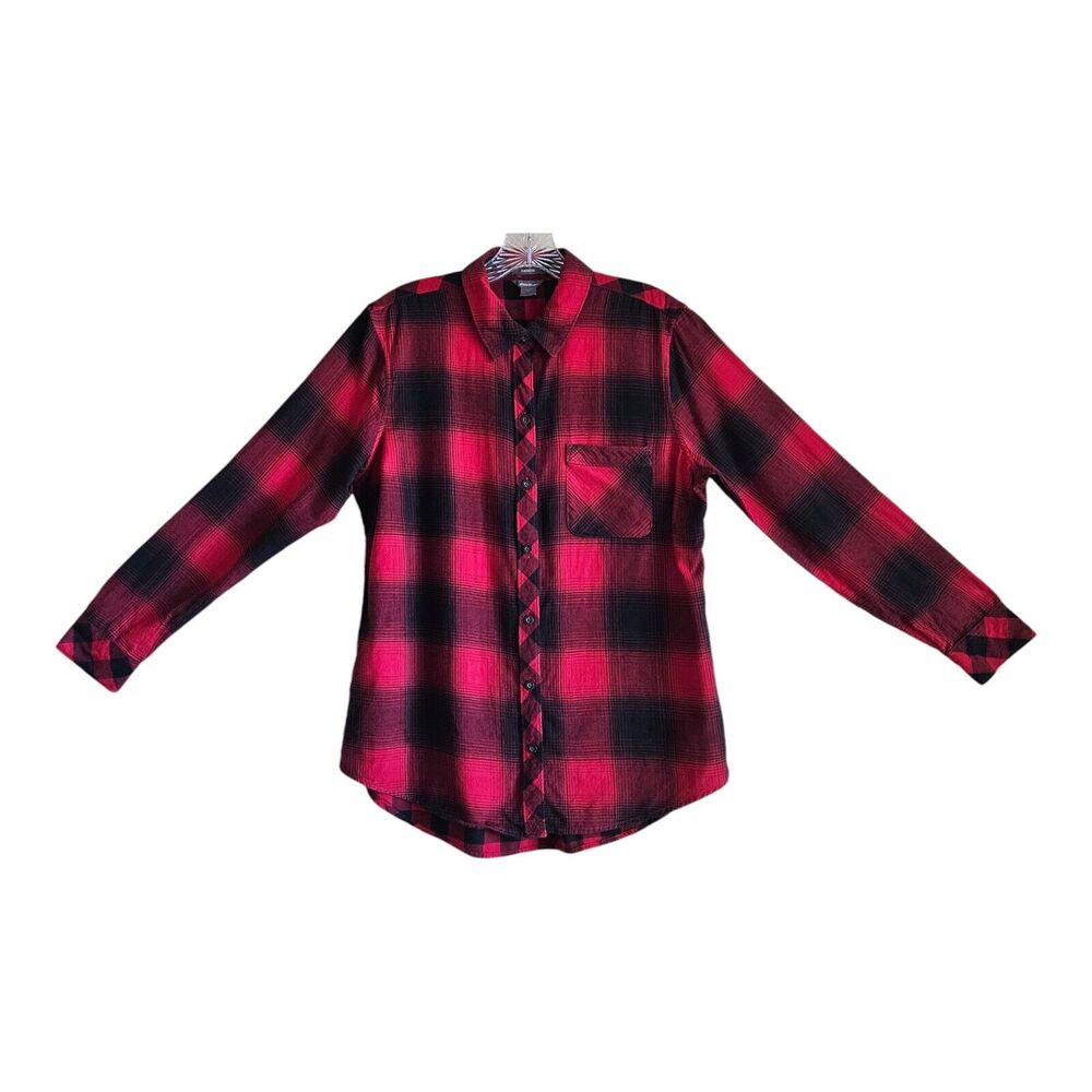EDDIE BAUER Women M Flannel Shirt Red Black Plaid Check Contrast Cuff Cotton 40"